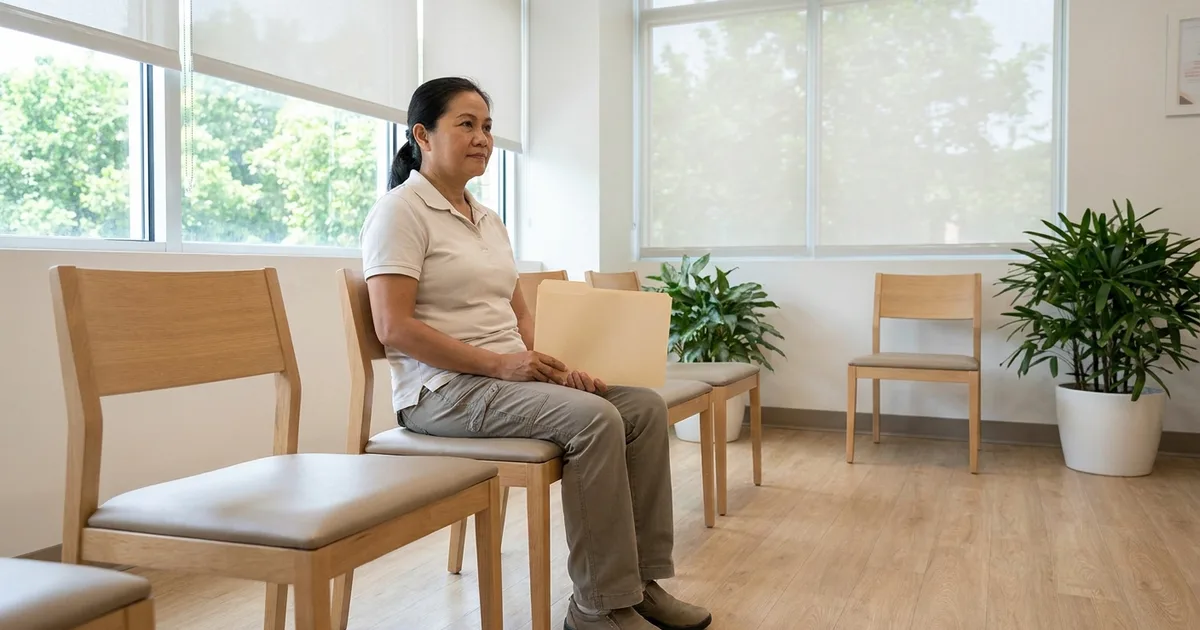 A domestic helper checking in at a Malaysian panel clinic for her annual FOMEMA medical examination