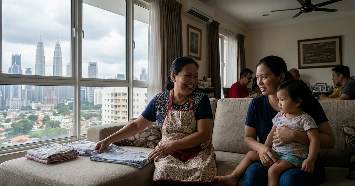 A domestic helper working in a family home in Malaysia