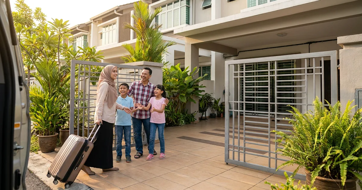 An Indonesian domestic helper arriving at a Malaysian family home with her luggage