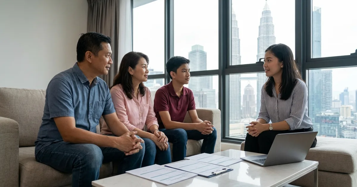 Sebuah keluarga Malaysia sedang menemuduga bakal pembantu rumah di ruang tamu rumah mereka