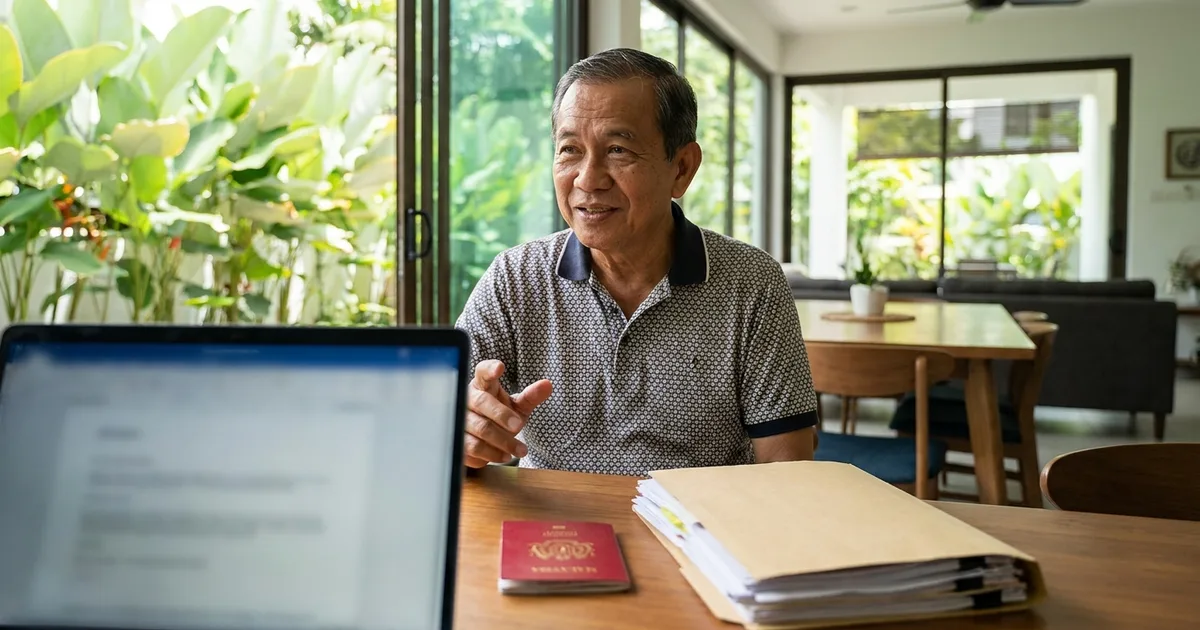 A Malaysian employer renewing a domestic helper&rsquo;s work permit online on a laptop at home
